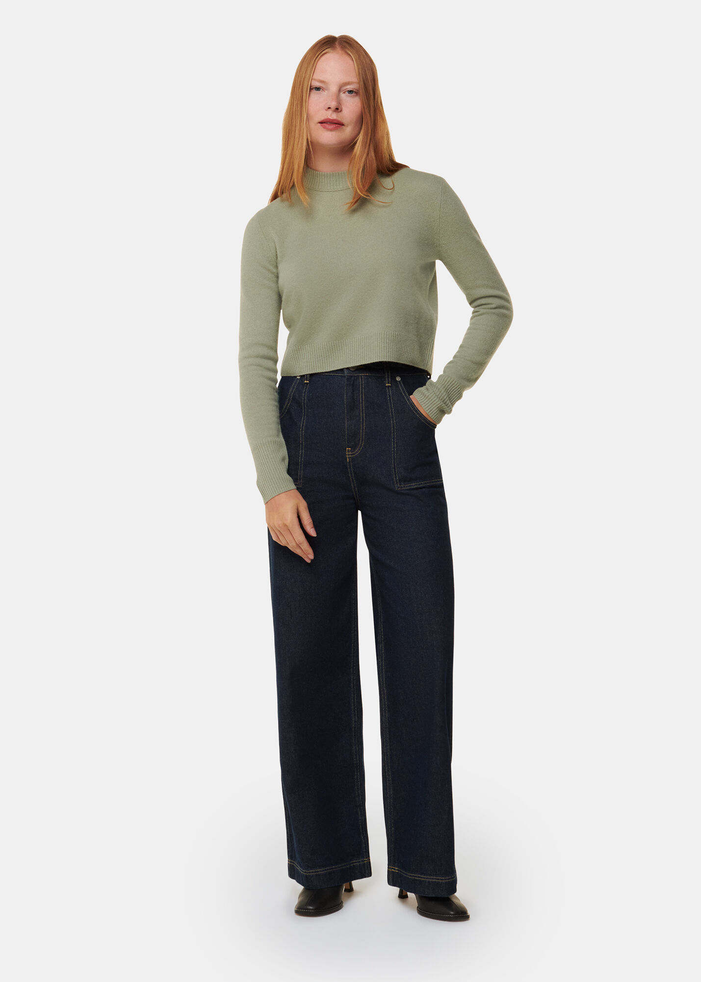 Sage Green Wool Cropped Sweater | WHISTLES | Whistles US |